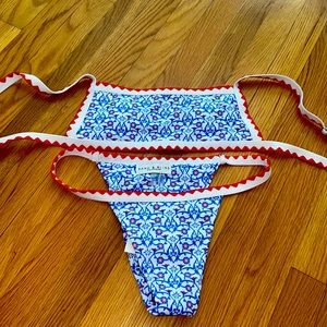 Blue Floral Bikini Set with Red Trim -